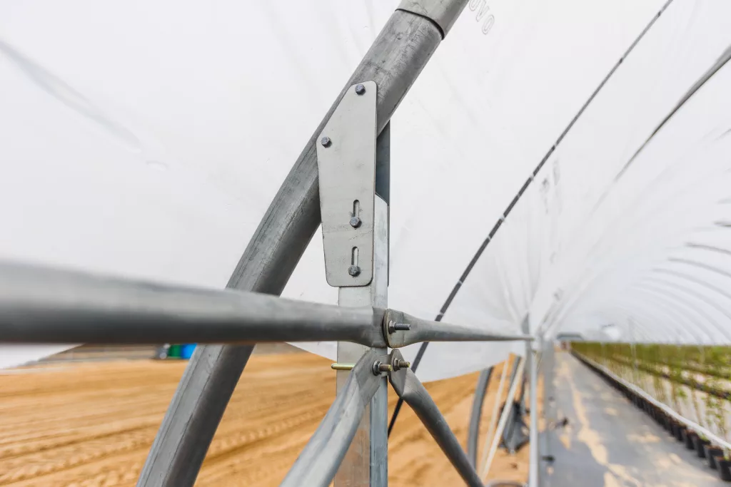 Steel joint and bolts in greenhouse tunnel structure