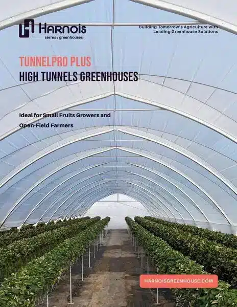 TunnelPro Plus high tunnel greenhouse flyer showcasing commercial-grade structure and crop protection features