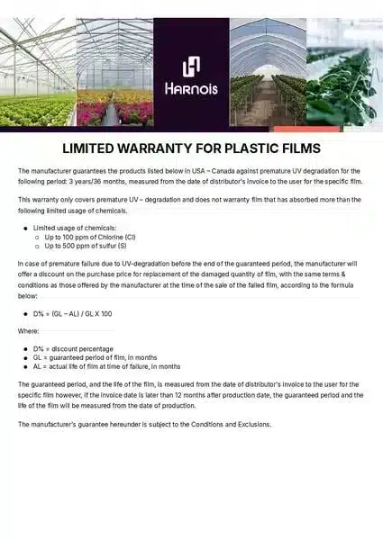 Limited warranty document for greenhouse plastic films outlining coverage and conditions